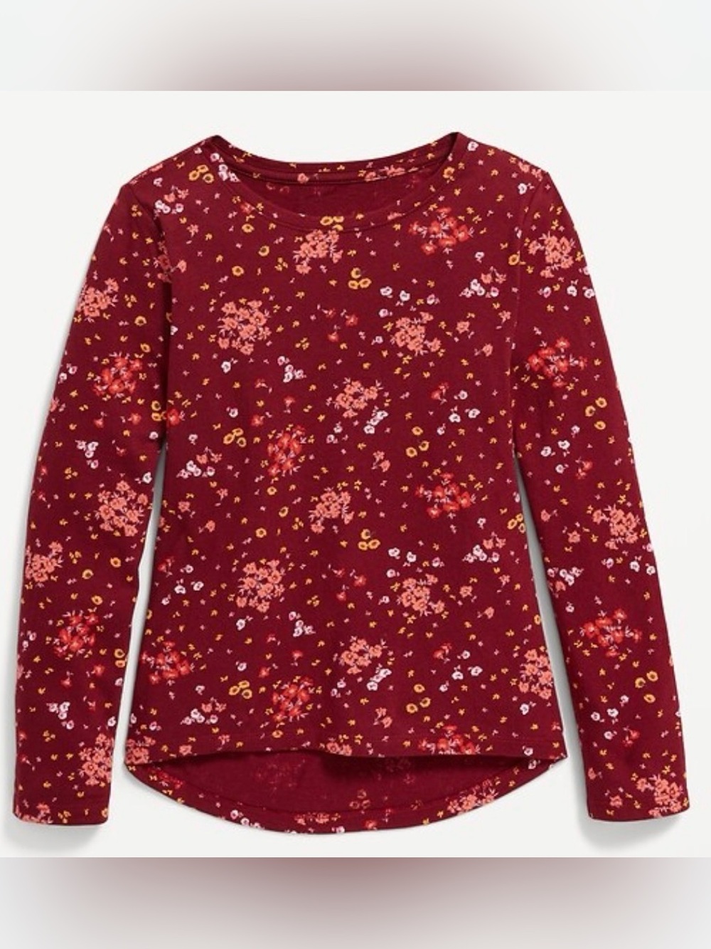 Old Navy Girls' Floral Long-Sleeve Tee - Maroon with Pink & Yellow Flowers